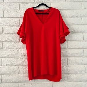 Zara Womens Red Ruffle Sleeve Midi Dress Sz XL